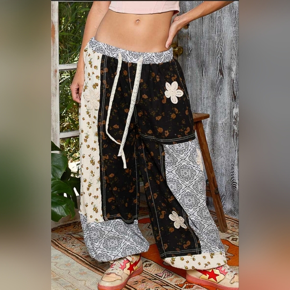 825 POL Roomy Fit Pants With Patchwork & Crochet Patch Detail